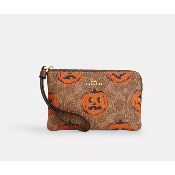 Coach Corner Zip Wristlet In Signature Canvas With Halloween Print Pumpkin NWT - Picture 3 of 16